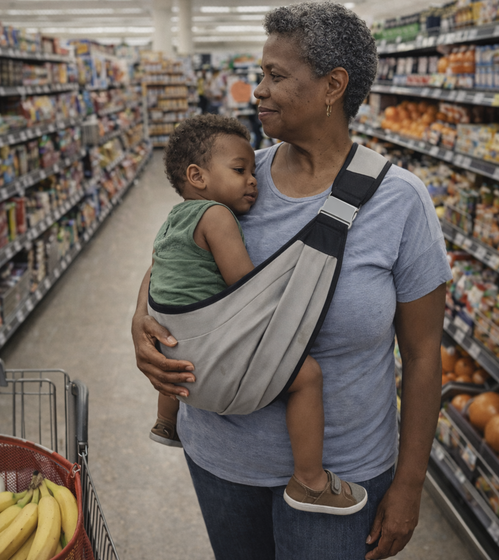 Caregiver carrying a baby in a hip baby carrier during a grocery store visit