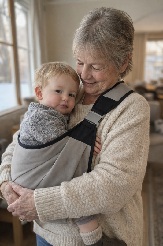 Grandparent holding a baby in an ergonomic baby carrier at home