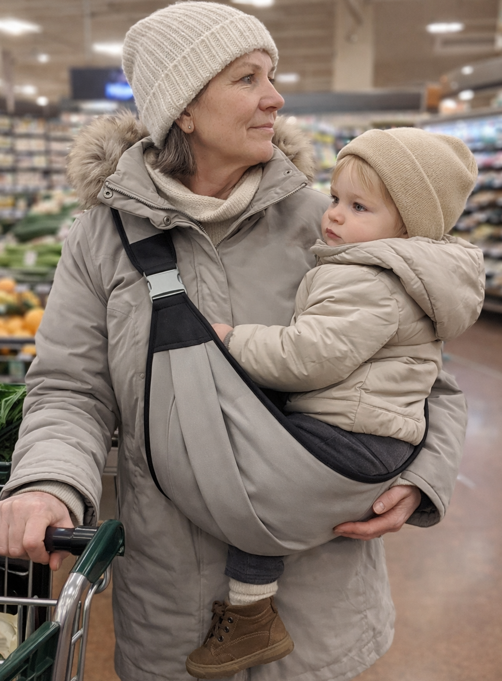 Everyday use of a hip baby carrier during a grocery store visit