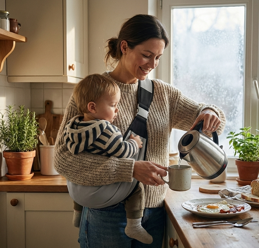 Parent using a hip baby carrier while cooking at home